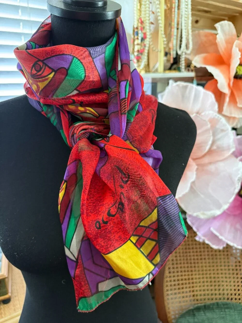 Vintage 80s/90s Picasso Style Cubist Art Oblong Abstract One Eyed Jack Scarf